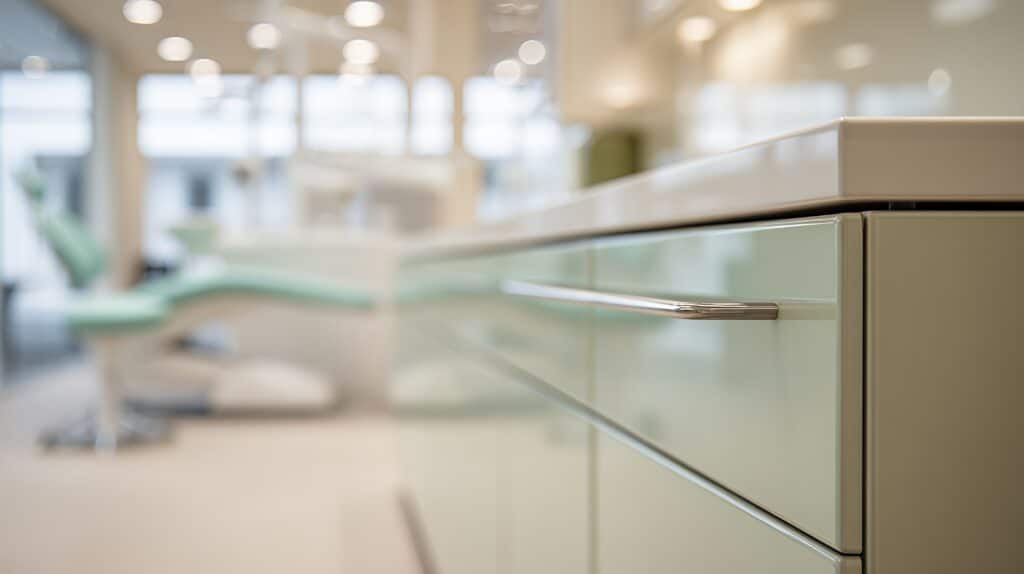 Gros plan sur un tiroir de meuble de cabinet dentaire moderne, avec poignée chromée, le fauteuil vert pâle est flou à l'arrière-plan.