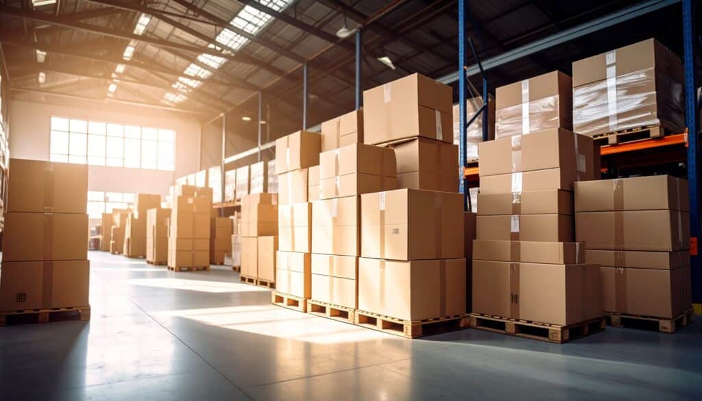 Intérieur d'un entrepôt spacieux et lumineux, avec des allées remplies de piles de cartons bruns sur palettes en bois, éclairé par la lumière du soleil.